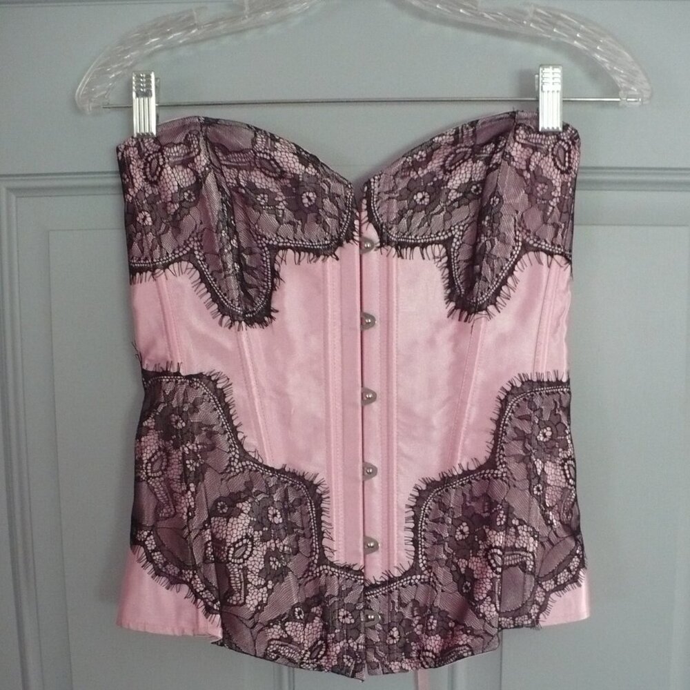 Ladies Bustier Pink Satin & Black Lace Sz M by Adore Me